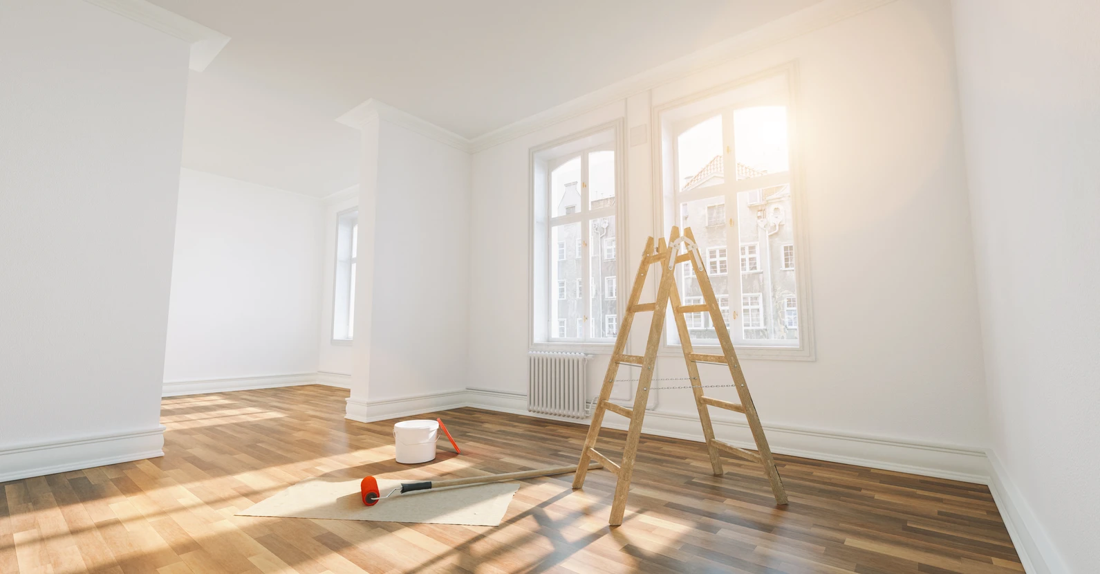 Chambre rénovée dans un élégant appartement pour relocalisation avec seau de peinture