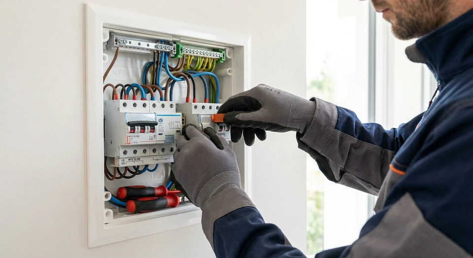 Gros plan d'un électricien professionnel effectuant une intervention sur un tableau électrique ou une installation murale, avec attention portée aux détails techniques (câblage, disjoncteurs, normes visibles). Le professionnel porte des équipements de sécurité standards (gants appropriés si nécessaire), travaillant de manière précise et méthodique. L'ambiance doit transmettre la professionnalité, la maîtrise technique et la sécurité. Contexte intérieur résidentiel montrant clairement une intervention de conformité aux normes électriques.