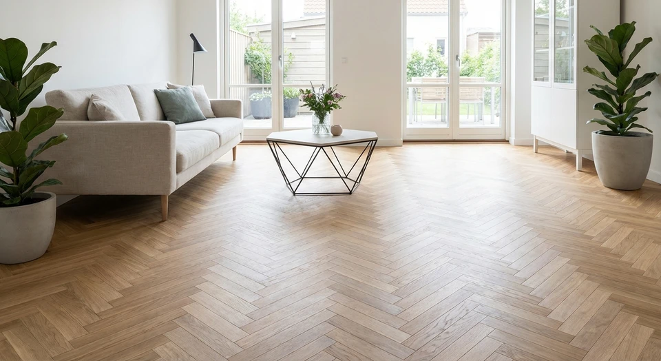 Intérieur minimaliste avec canapé deux places et table basse en bois clair sur parquet